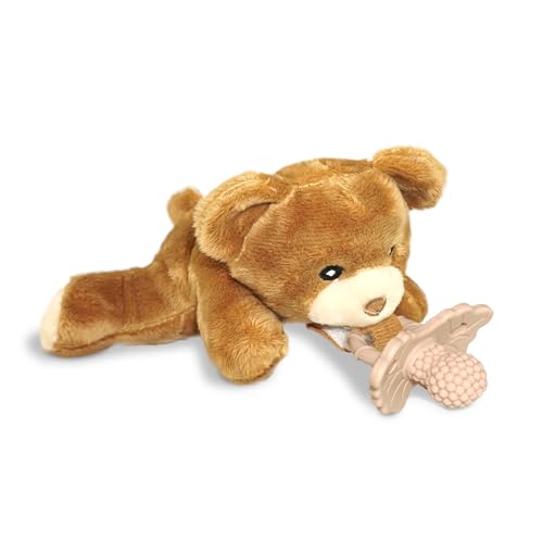 Image of RaZbaby Bear RaZbuddy w/RaZberry Teething Relief Pacifier – Soothes Sore Gums w/Nature-Inspired Texture, 100% BPA-Free Silicone Teether, Detachable Stuffed Animal – 3 Months+ Teether, Coconut