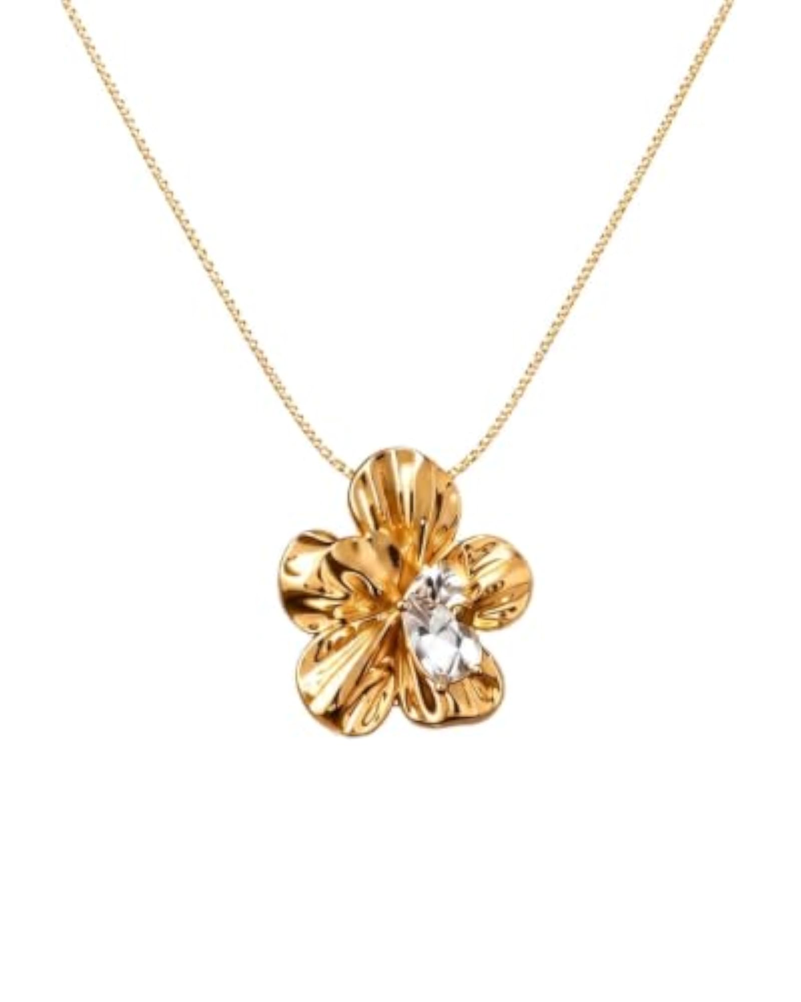 Gold Flower Pendant Necklace with Crystal Stone, Elegant Design