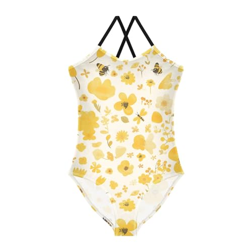 Embroidery Bee Butterfly Flowers Watercolor Kids Girls 1 Piece Swim Suit Beach Swimwear Adjustable Shoulder Strap UPF