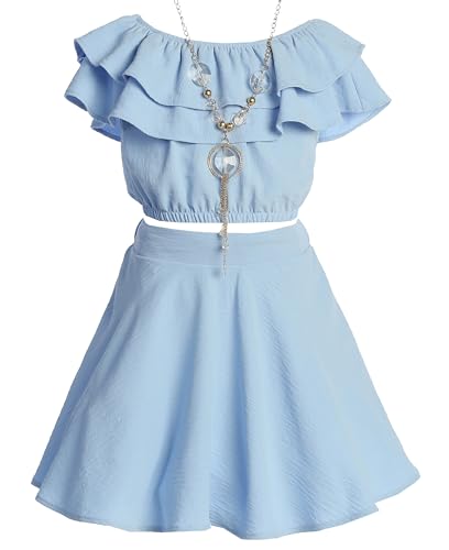 Image of Cold Shoulder Crop Top Ruffle Layered Top Flower Girl Skirt Sets for Girl