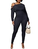 Black Two Piece Outfits for Women Sexy One Off Shoulder Tops & Casual Long Pants Sets Tracksuit with Pockets Black M