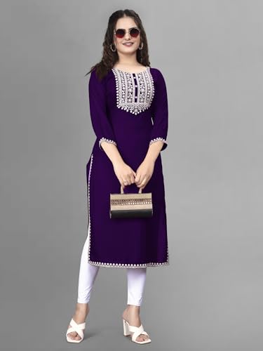 Image of Women Rayon Embroidered Kurti Three Quarter Sleeve Kurta for Women and Girls Embroidery Work Soft Rayon Fabric Comfortable