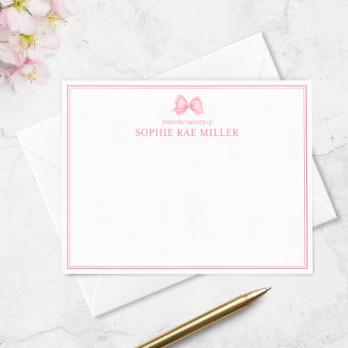 Baby Girl Thank You Cards for Baby with Border and Baby Bow - Personalized Baby Shower Thank You Stationery - Flat Note Cards - Thumbnail 2