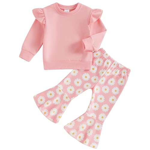 Image of Mubineo Toddler Baby Girl Clothes Cute Outfits Long Sleeve Sweatshirt Tops Floral Bell Bottom Pant Fall Winter Outfit (Pink Daisy, 18-24 Months)