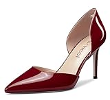 Aachcol Women Stiletto Mid High Heel Pumps Slip-on Two-Piece Pointed Toe Dress Shoes Office Party Wedding Patent 3 Inch, Burgundy Red, 10.5