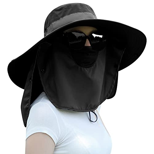 Image of Women Wide Brim Face Mask Sun Hat Detachable Neck Face Flap Ponytail UV Protection Visor Hat Garden Fishing Hiking