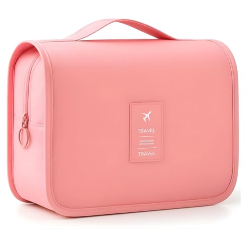 Bolsa Necessaire Maquiagem Cosméticos Viagem Com Divisória e Cabide para Pendurar Organizador de Maquiagem Shampoo Perfumes Higiene Pessoal (Rosa)
