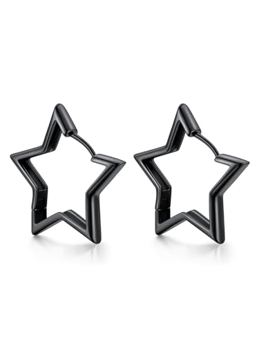 FindChic Earrings for Women Star Hoops 30mm Black Plated Huggie Earring Lightweight Medium Cute Womens Ear Jewellery Gift for Valentines Day