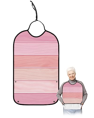 Kewadony Adult Bibs for Elderly Women - Pink Candy Color Waterproof Dining Clothing Protectors with Crumb Catcher for Eating/Feeding, Retro Wood Grain Terry Cloth Bib Machine Washable