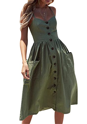 Image of YMING Womens Summer Spaghetti Strap Dresses Button Down Floral Sundress High Waist Swing Midi Dress with Pockets