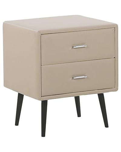 Beliani Table de Chevet en Cuir PU Beige avec Pieds Métalliques Noirs et 2 Tiroirs Pratiques Idéale pour Chambre Vintage Rétro et Scandinave