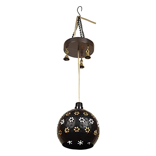 Image of AAKRITI ART CREATIONS Floral Glow Black Handcrafted Metal Pendant Lamp with Mango Wood Rosette for Living Room Ceiling | Hanging Lamp Decor | Ceiling Hanging Lights for Living Room | Fancy Lights for