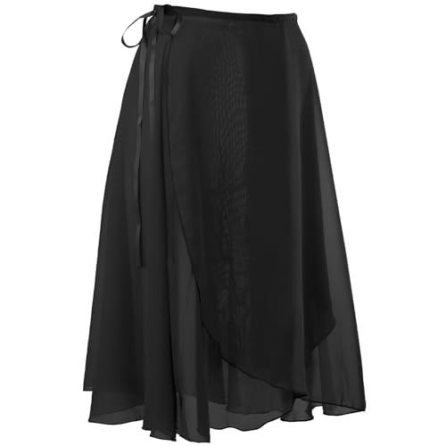 zffriction Damen Ballettrock Wickelrock Chiffon Tanzrock Verstellbare Taillenband Gymnastik Ballettrock für Erwachsene Frauen (DE/NL/SE/PL, Alphanumerisch, Einheitsgröße, Regular, Regular, Schwarz)