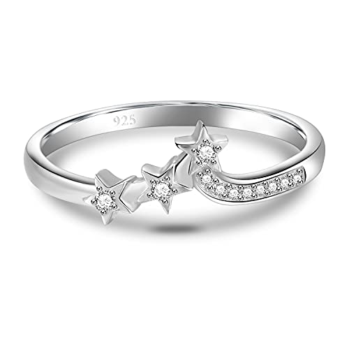 BORUO 925 Sterling Silver Ring, Chevron Wave Three Star Cubic Zirconia CZ Comfort Fit Wedding Band Ring Size 4-122