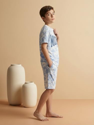 Image of Li'l Tomatoes Boys 100% Cotton Night Suit Set | Half Sleeve T-Shirt & Shorts | Color Block & Typography Print | Soft & Breathable Sleepwear | Casual Summer Wear | 9-16 Years