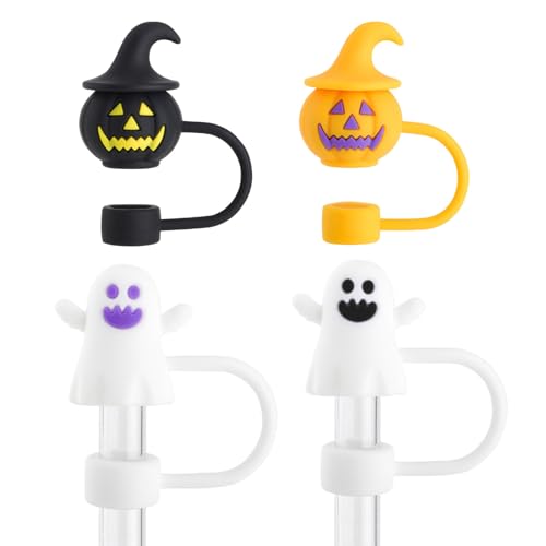 Vwuuya ハロウィン ストロー トッパー - かぼちゃ おばけ ストロー プロテクター デコレーション,タンブラー 水筒用 不気味なアクセサリー 4個セット ドリンク パーティーやイベントに