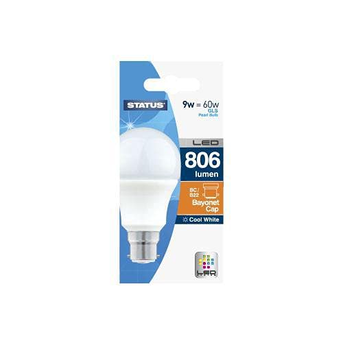 Status 8w = 60w = 806 lumens LED - A60 GLS - B22 - PA - Pearl - Cool White - 1 pk Box - in White CDU