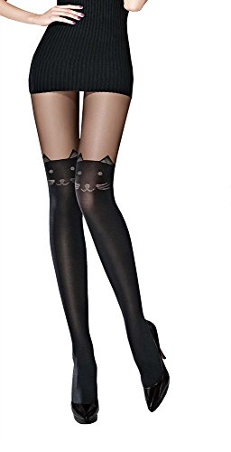 Collant Voile Noir Opaque Chat Jacquard Pantyhose, Noir, Taille Unique T1 à T3 (36-38-40)