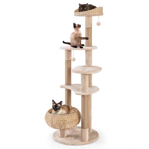 COSTWAY Arbre à Chat XXL en Bois 164 cm - 5 Plateformes, 3 Griffoirs en Jute, Quenouille Tressée, Coussins Amovibles, 2 Pompons, Tour à 6 Étages