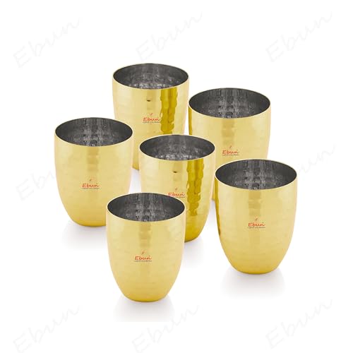 Image of Ebun Heavy Gauge Stainless Steel Glass Set | Gold PVD Plated Steel Glass Set of 6 for Water | Steel Glasses | Stainless Steel Glass Set of 6 | 300 Ml