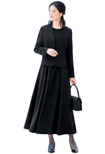 [ELENA] エレナ レディース 洗える オールシーズン 2点セット カラーレスジャケット ロングフレアワンピーススーツ ボリュームフレア ビジネスカジュアル 日本生地 通勤 喪服 礼服 (210522) ブラック 15号(ABR) - ELENA - 商品画像