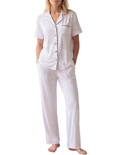 Image of HNG Women Pajamas Set 2 Piece Button Up Pajamas Pant and Short Sleeve Shirt for Woman Pj Sets with Pocket