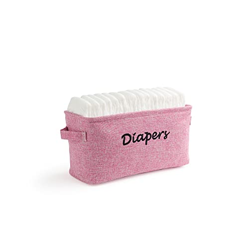 Dejaroo - Baskets for Organizing Diapers and Newborn Essentials, Baby Diaper Caddy Organizer, Embroidered Baby Shower Gifts for Moms, Linen Basket with Handle, 12 x 6 x 6 Inches, Pink