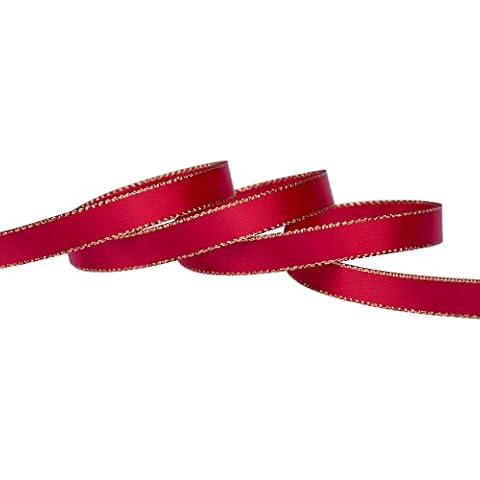 Ribbonitlux 9mm Width Double Face Satin Ribbon with Gold Edge 22 Meters (250-Red) , Set for Gift Wrapping, Party Decor, Wedding and Craft Cover