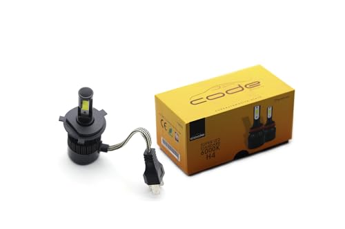 CODE H4 LED Bombillas Faros Delanteros con Efecto Similar al xenón, 12000LM Bombilla de Faro para Coches, 37W LED 12V, 6000K, Kit de conversión halógena (2und).