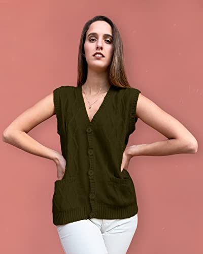 Tinkuy Peru Women’s Button-Up Cardigan, Authentic Peruvian Alpaca Wool V Neck Knitted Argyle Sweater Vest (Olive, Large) #TOP1