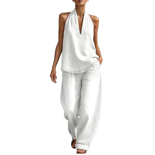 Boho 2 Piece Outfits for Women Denim Set for Women 2 Piece Sexy Sleeveless Halter Neck Tank Top Vest Matching Jean Sets Wide Leg Pants Airport Outfits Casual Summer Trendy Vacation Clothes White M