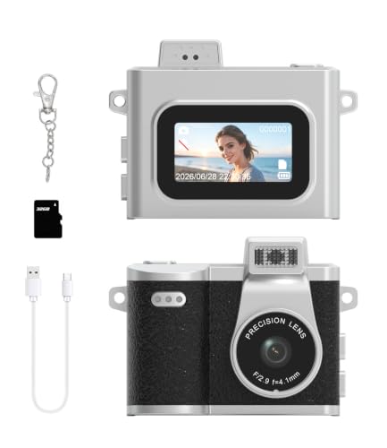 Omars Mini Digitalkamera Mit 32GB TF Karte, Klein Retro Fotokamera 1080P FHD, Kompakte Daumenkamera & Schlüsselanhänger Taschendesign, Tragbare Vlogging Kamera für Reisen, Geschenk Idee (Schwarz)