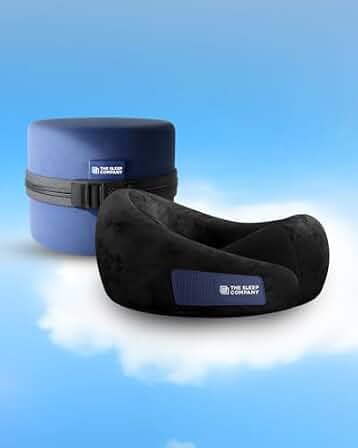 The Sleep Company Travel Neck Pillow | PU Latex | Neck Support| Perfect For Flights, Car, Train and Bus Journeys | Dual Height Design | Compact Zippered Case | Light Weight | Adjustable Velcro | Black