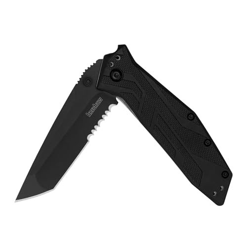 Kershaw Brawler Pocket Knife, All-Black Design, 3 Inch Stainless Steel Partially Serrated Tanto Blade, EDC with Assisted Opening, 4-Position Pocketclip, Everyday Carry Pocket Knife for Men and Women