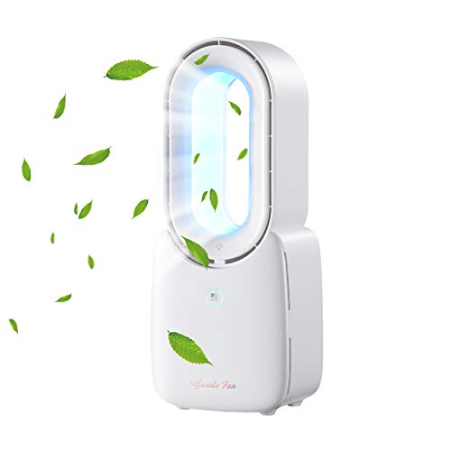 Table Fan with LED Lights, Bladeless Cooling Fan with 4 Speeds( Included 1 Natural Wind)+5 Decorative Gradient Lights, Leafless Design Fan Portable Fan Rechargeable USB Desk Fan for Home & Office