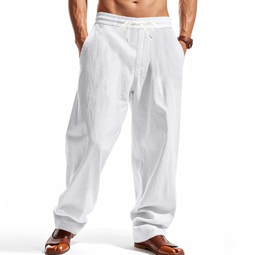 Mens Straight-Legs Elastic Waist Drawstring Lightweight Trousers Linen Pants Casual Summer Beach Pants with Pockets
