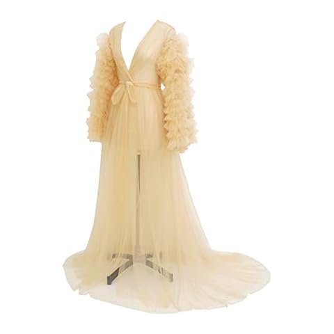 Daily Life Mall Women's Tulle RobeSexy vneck puffy sleeve Illusion Long Lingerie Tulle Robe Nightgown Bathrobe Sleepwear Bridal Robe Wedding Scarf Cover