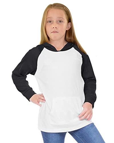 Monag Contrast Raglan Sleeve Tee Hoodie with Pouch, Kids Raglan Tee with Hoodie (White/Black, 6 Years)
