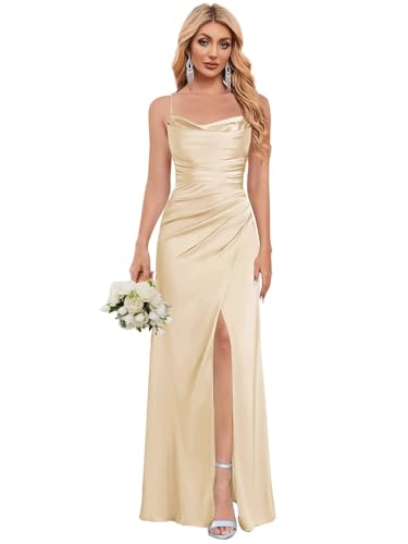 Women's Satin Bridesmaid Dresses with Slit Mermaid Prom Dress Long Ruched Wedding Guest Gown
