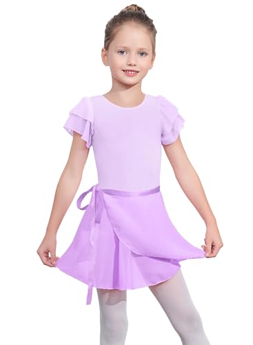 Image of EQSJIU Ballet Leotards for Girls with Removable Skirt Combo Tie Ruffle Sleeve Ballet Dance Dress Outfit 2-12 Years