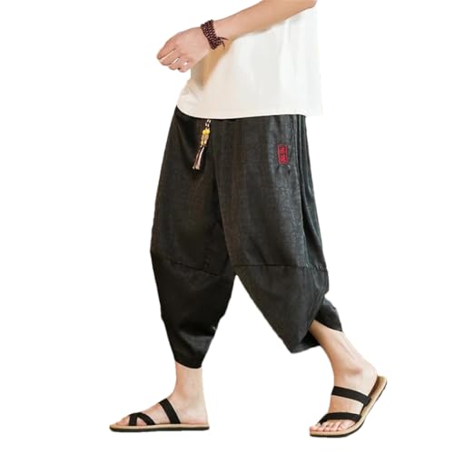 Men Japanese Samurai Shorts Loose Casual Ice Silk Pants Men Calf-Lenght Pants Wide Leg Trousers
