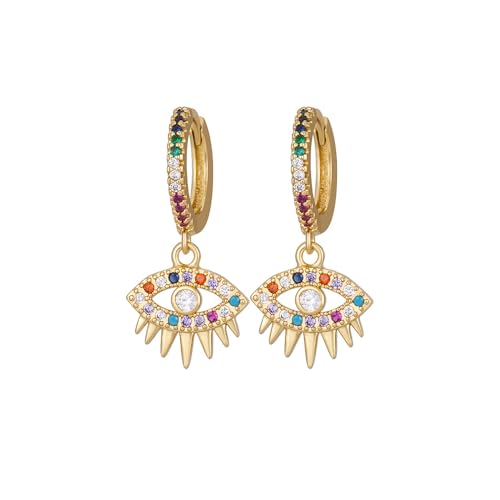 Evil Eye Dangle Hoop Earrings, Gold-Plated with Rainbow CZ Crystals, Fashion Drop Earrings