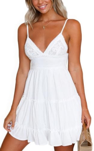 Image of ebossy Women's Sexy Boho V Neck Sleeveless Backless Lace Swing Mini Dress Spaghetti Straps Beach Vacation Sundress (Large, White)