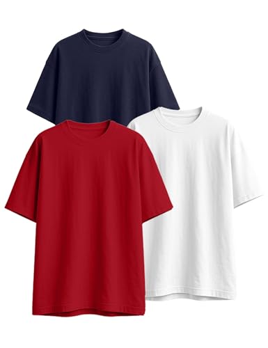 Image of Veirdo 100% Pure Cotton Drop Shoulder Oversized Baggy Fit Half Sleeve Plain Solid Round Neck Multicolor T-Shirt Combo for Men (Pack of 3) (Sizes S-2XL)