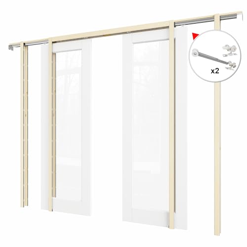 Image of 64 inch x 80 inch (Double 32 inch x 80 inch) Clear Glass Pocket Door, Soft-Close Sliding Pocket Door with Frame & Hardware Kit Set, Primed All-Inclusive Interior Door Slab for Home, White, Need to Assemble