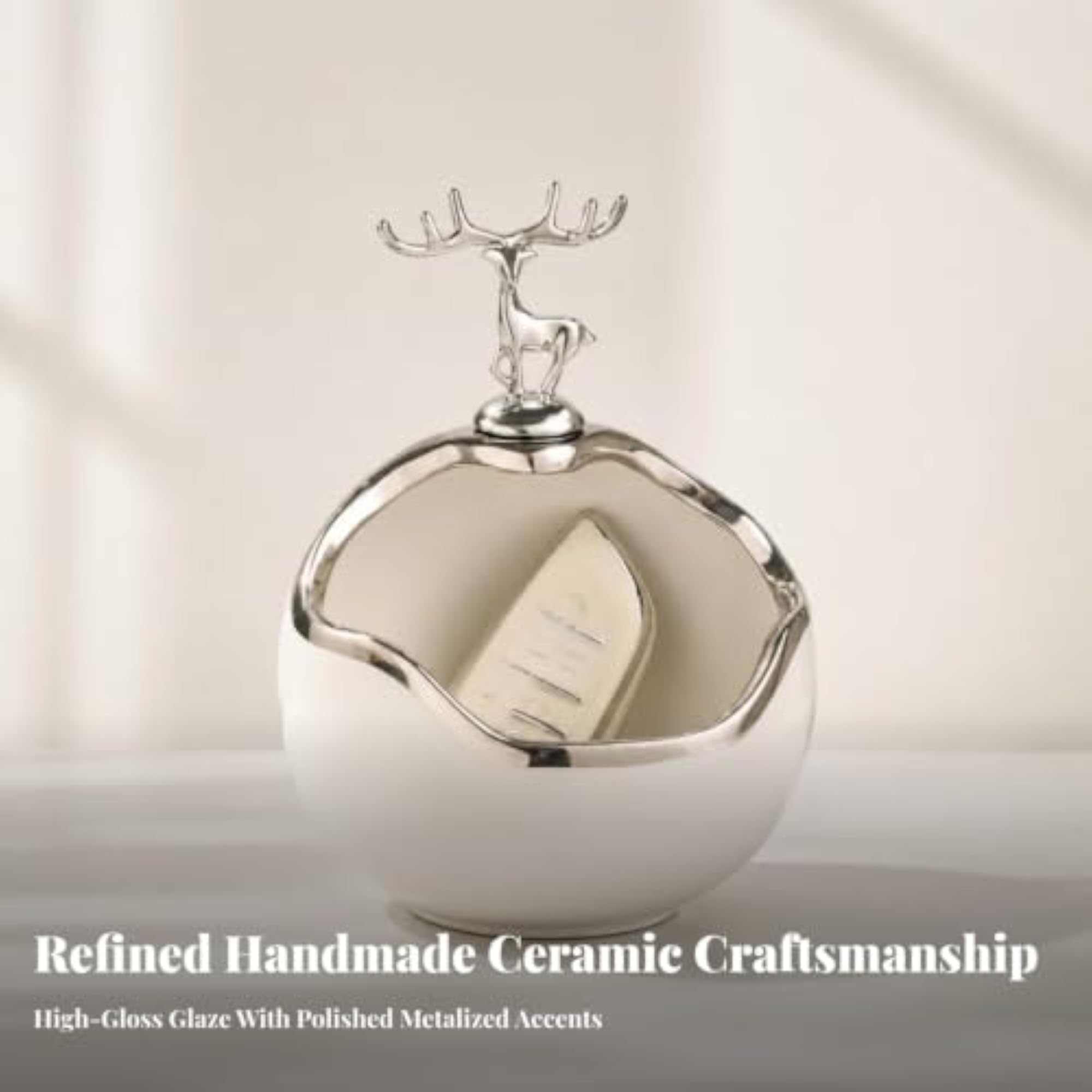 Ceramic Catchall Ornament, Silver Fortune Deer Design