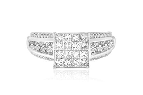 Original Classics 14K White Gold Round and Princess Cut Diamond Square Ring (1.5 Cttw, H-I Color, SI1-SI2 Clarity) - Size 7-1/4