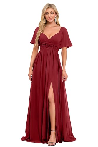Image of Women's Flutter Sleeves Chiffon Bridesmaid Dresses with Slit Long A Line V-Neck Formal Party Dress with Pockets