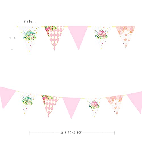 Image of Spring Tea Party Decorations Pink and Gold Floral Flower Butterfly Teapot Teacup Plaid Paper Triangle Flag Pennant Banner Bunting for Spring Birthday Wedding Bridal Baby Shower Engagement Tea Party