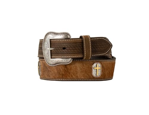 Nocona Belt Co. Men's Calf Hair Raised Cross Concho Basket Weave Belt, ,